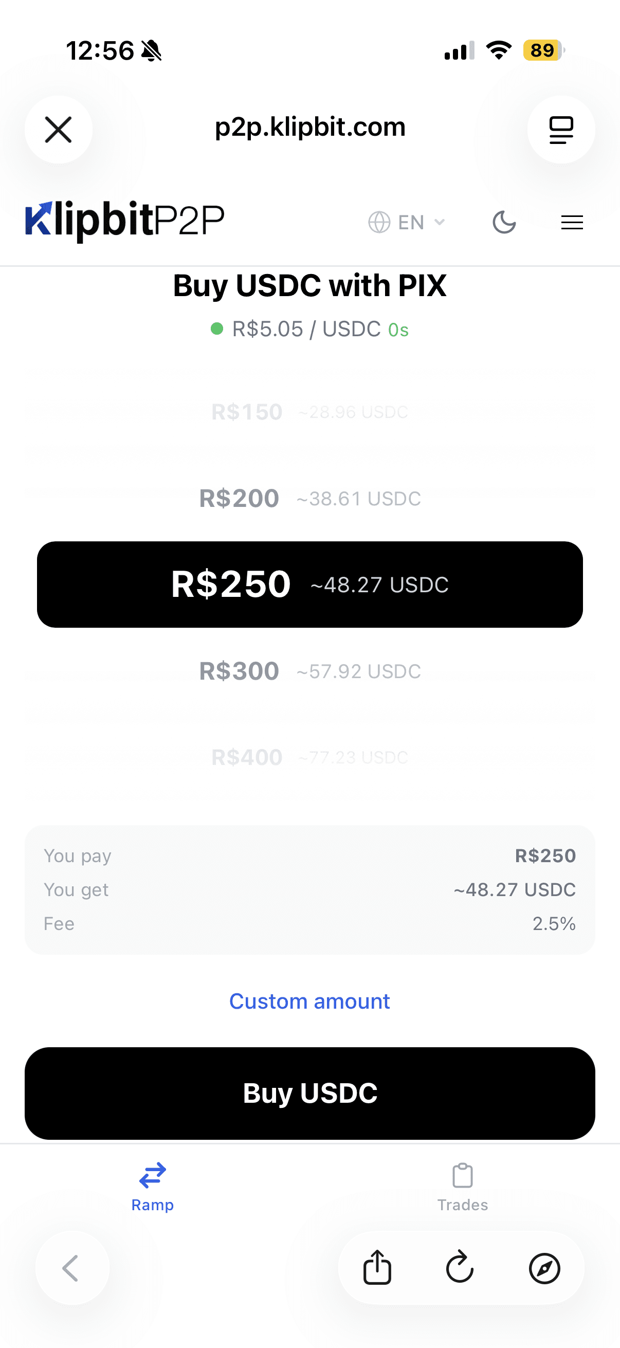 Klipbit Ramp P2P interface