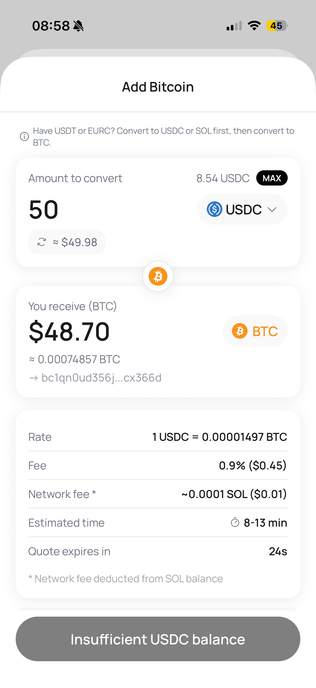 One tap from Digital Dollars to real Bitcoin.